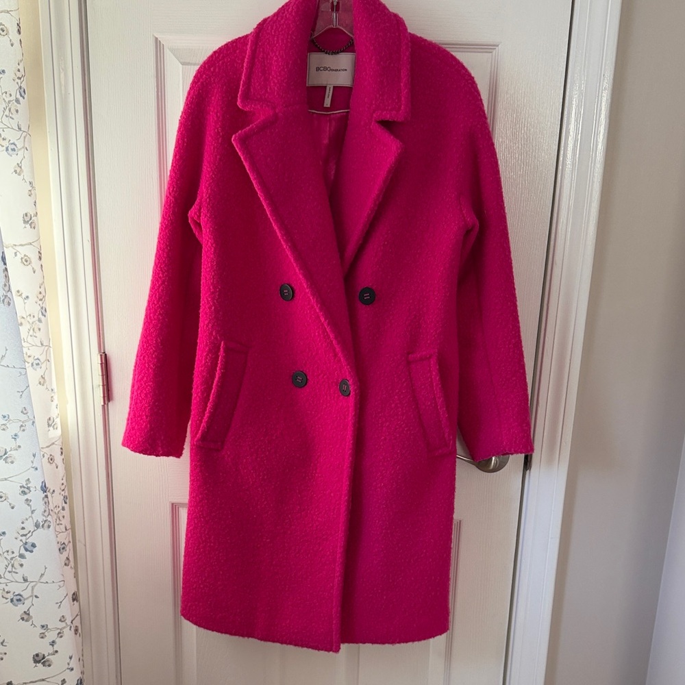 BCBG Vibrant Pink Double-Breasted Pea Coat